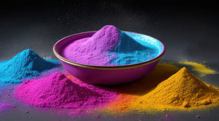 Holi is a celebration of spring and bright colors in India, colorful paints and colored powder in saucers on a dark background