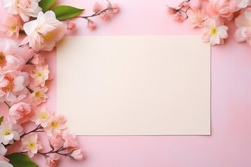 Minimal empty paper card mock up with pink flowers.
