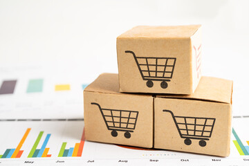 Shopping cart logo on box on graph background. Banking Account, Investment Analytic research data...