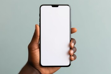 Portrait of african american guy holding big smartphone with white blank mock up screen