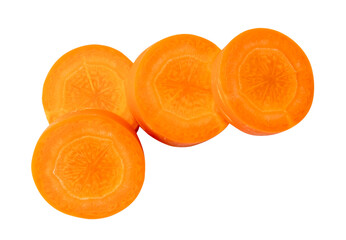 Top view of fresh beautiful orange carrot slices in stack isolated on white background with clipping path in png file format