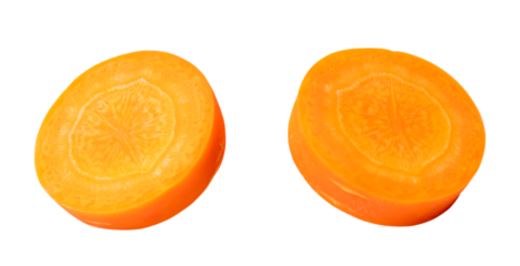 Top view set of fresh beautiful orange carrot slices isolated on white background with clipping path in png file format
