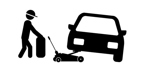 Hydraulic car jack or jack-screw icon. scissor jack shot or jack screw stand sign. Changing tires car lifter. Black floor lift jack logo. jacked the auto, Cars accessories. Repair, service equipment.