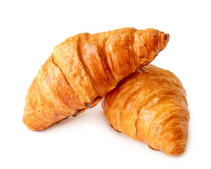 Delicious croissants in stack or cross shape isolated on white background with clipping path and shadow in png file format