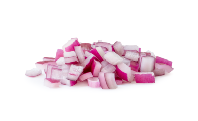 Red onion chopped in stack isolated on white background with clipping path and shadow in png file format