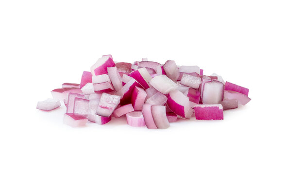 Red onion chopped in stack isolated on white background with clipping path and shadow in png file format