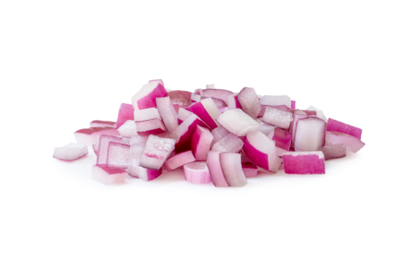 Red onion chopped in stack isolated on white background with clipping path and shadow in png file format