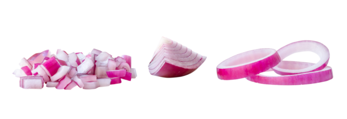 Fresh red or purple onion slices and quarter in stack isolated on white background with clipping path in png file format