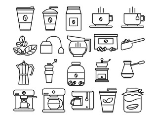 Coffee and Tea Icon Pack Line Art Style. Beverage Equipment for Cafes and Restaurants.