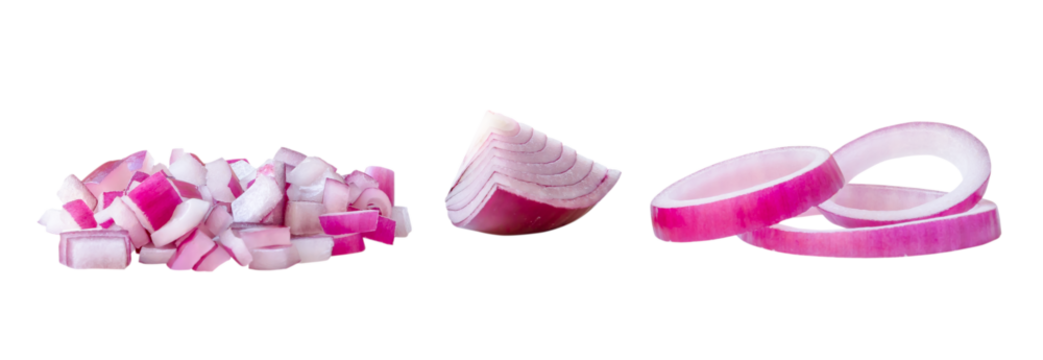Fresh red or purple onion slices and quarter in stack isolated on white background with clipping path in png file format
