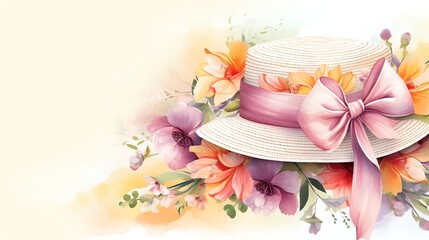 a hat with a bow and flowers