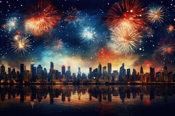 Fototapeta na wymiar Happy new year concept. City and firework on night sky background. Generative ai.