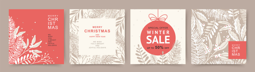Winter holidays square template. Merry Christmas cards with fir branches, mistletoe, winter floral elements. Winter sale. Vector illustration for card, advertisement, banner, social media post, poster - obrazy, fototapety, plakaty