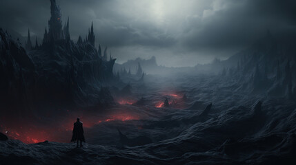 Dark sinister landscape with lava and gloomy mountains, night scene - obrazy, fototapety, plakaty