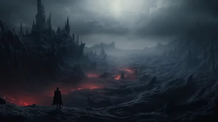 Foto op Plexiglas Dark sinister landscape with lava and gloomy mountains, night scene © Kondor83