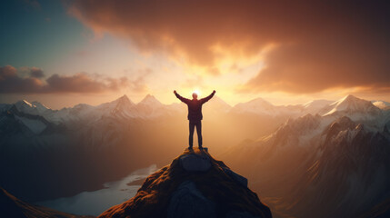Man on top of the cliff - success, achievement concept - obrazy, fototapety, plakaty