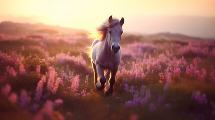 Adorable pony running in the meadow