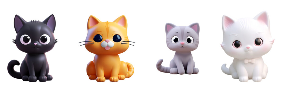 Cute 3D cats in render style illustration: a set of gray cat, orange cat, white cat, and black cat, Isolated on Transparent Background, PNG