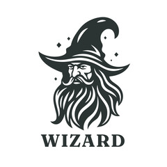 Bearded wizard logo. Warlock symbol. Wise magician emblem. Mystical sorcerer icon. Vector illustration.