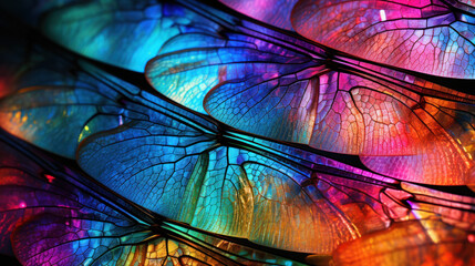 Multi-colored, vibrant abstract texture, wing of psychedelic dragonfly under microscope - obrazy, fototapety, plakaty