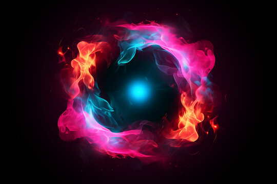 Fiery swirls with a radiant blue center on a mysterious black background