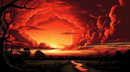 Landscape Vector Red Comic Style Background Design, Comic background, Background Banner
