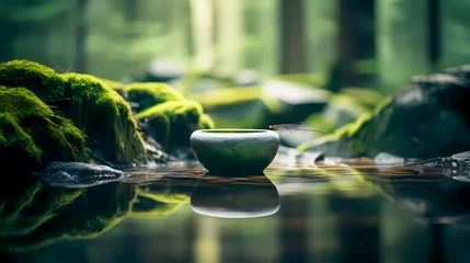 Schilderijen op glas Zen garden with pond, mossy rocks and dragonfly resting on edge of cement element © Feathering Flower