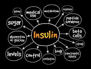 Insulin is a peptide hormone produced by beta cells of the pancreatic islets encoded in humans by the INS gene, mind map concept background