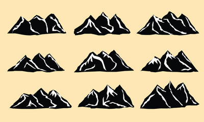 Mountain vector icons set. Set of mountain silhouette elements. Outdoor icon snow ice mountain tops, decorative symbols isolated. Camping mountain logo, travel labels, climbing or hiking badges 9 9 1