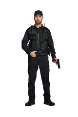 Handsome policeman posing with weapon in hand in studio. Front view of law enforcement officer in full gear standing with handgun, looking camera, isolated on white. Concept of profession, weapon.