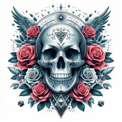 Skull Face Death Halloween Bones Vector Illustration.Mexican Traditional Horror Skeleton Flower Floral Gothic Ornament Pattern Tattoo Art.Culture Decoration Isolated Emblem Poster Graphic Symbol