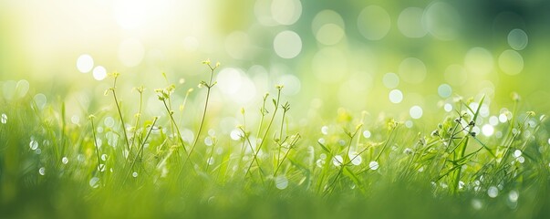 Symphony of nature. Vibrant green meadow bathed in morning sunlight and dew drops. Celestial glow. Bright green embracing warmth of summer