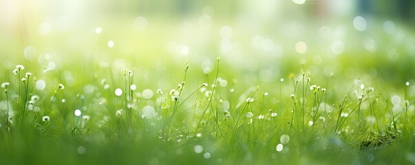 Fototapeta premium Symphony of nature. Vibrant green meadow bathed in morning sunlight and dew drops. Celestial glow. Bright green embracing warmth of summer