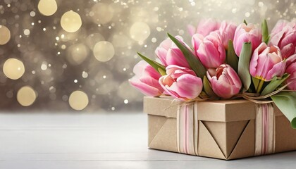 Gift box with a bouquet of pink tulips. copy space soft focus close up. Generative AI.