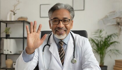  Happy old male doctor waving his hand and talking to the camera during a telehealth consultation. Generative AI.