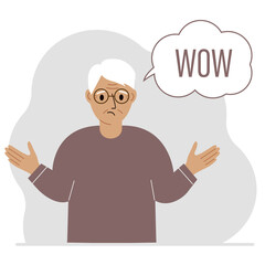 The old man spreads his arms out to the side. Next to the bubble with the text of the Second World War.