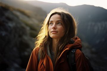 Young Brunette Woman Embarking on a Scenic Hiking Adventure in the Mountains