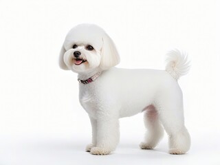 Obraz premium Perro de raza Bichón Frisé (maltés), parado, mirando hacia el lado izquierdo, sobre fondo blanco 