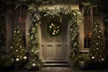 Fototapeta na wymiar Porch and door in christmas decorations