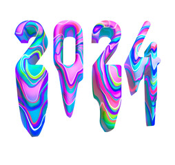 Holographic design effect paint flowing liquid acrylic Hand-drawn inscription 2024 abstract art New Year background  symbol modern style bright acid pastel colors clip art element on white background 