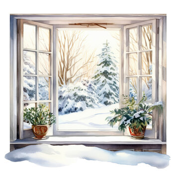 Fenster Winter Aquarell Schneelandschaft Ruhepause Naturblick Wandbild Winterdekor Geschenkidee Entspannende Aussicht Heimische Gem&uuml;tlichkeit Schnee Landschaft Winter Verschneite Landschaft