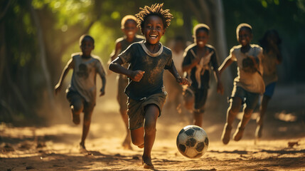 Black kids playing soccer on dirt in Africa. Action shot. Running. Concept of Passion for the Game, Youthful Energy, and the Universal Love for Soccer. - obrazy, fototapety, plakaty