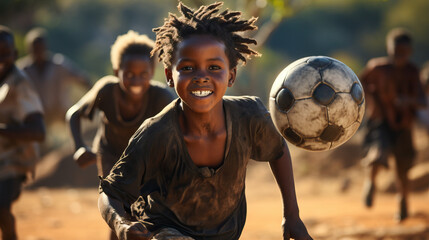 Black kids playing soccer on dirt in Africa. Action shot. Running. Concept of Passion for the Game, Youthful Energy, and the Universal Love for Soccer.
