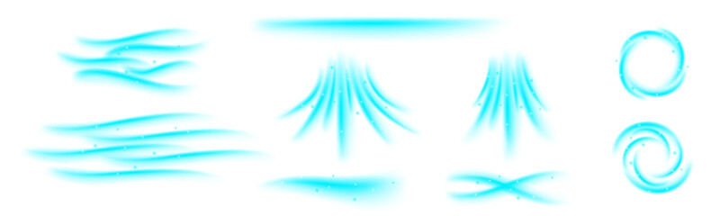 Set of blue flows showing cold air conditioner direction. Mesh gradient with snowflakes Isolated on transparent background element