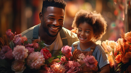 Black dad with flowers giving to daughter. Concept of Love and Affection, Parental Bonding, and Heartfelt Gestures. - obrazy, fototapety, plakaty