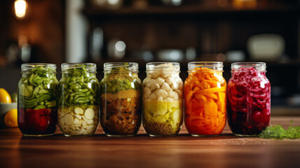 Autumn seasonal pickled or fermented vegetables in jars placed in row over vintage kitchen drawer, white wall background - obrazy, fototapety, plakaty
