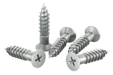 Stainless Steel Flat Head Sheet Metal Screws, 3D rendering isolated on transparent background