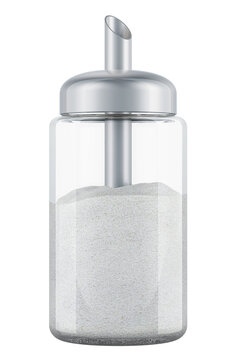 Glass Sugar Dispenser Pourer. Sugar shaker with sugar, 3D rendering isolated on transparent background