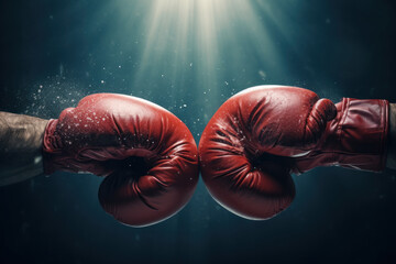 Red boxing gloves punching close-up on dark background - obrazy, fototapety, plakaty