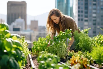 Photo sur Plexiglas Jardin Young woman gardening on sunny urban rooftop